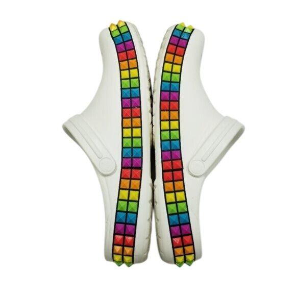White Crocs Classic Clogs Rainbow Pyramid Studs Along Soles Unisex Size W11/M9 - Picture 2 of 15